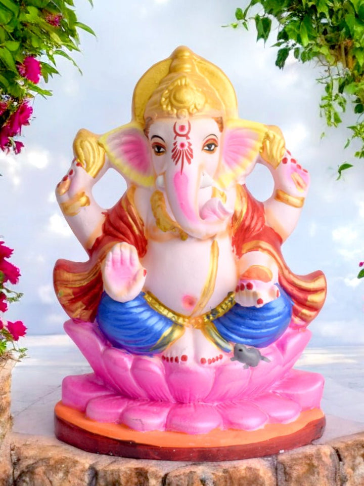 10 Inch eco-friendly Ganesha idol in Padmasana pose made from Shadu clay, perfect for traditional Ganesh Chaturthi celebrations. India’s Largest Pooja Accessories Brand – www.satvikworld.com