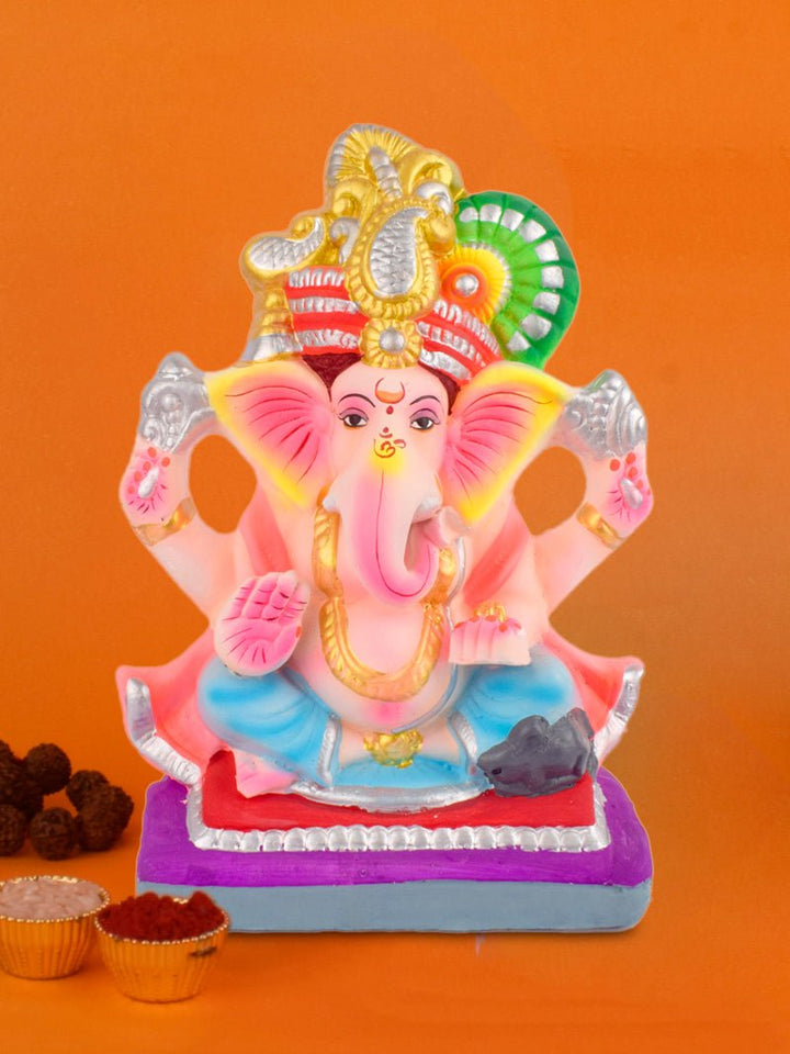 10.8 Inch eco-friendly Ganesha idol with elegant Pagdi, seated in a traditional pose, crafted from natural clay for Ganesh Chaturthi celebrations. India’s Largest Pooja Accessories Brand – www.satvikworld.com