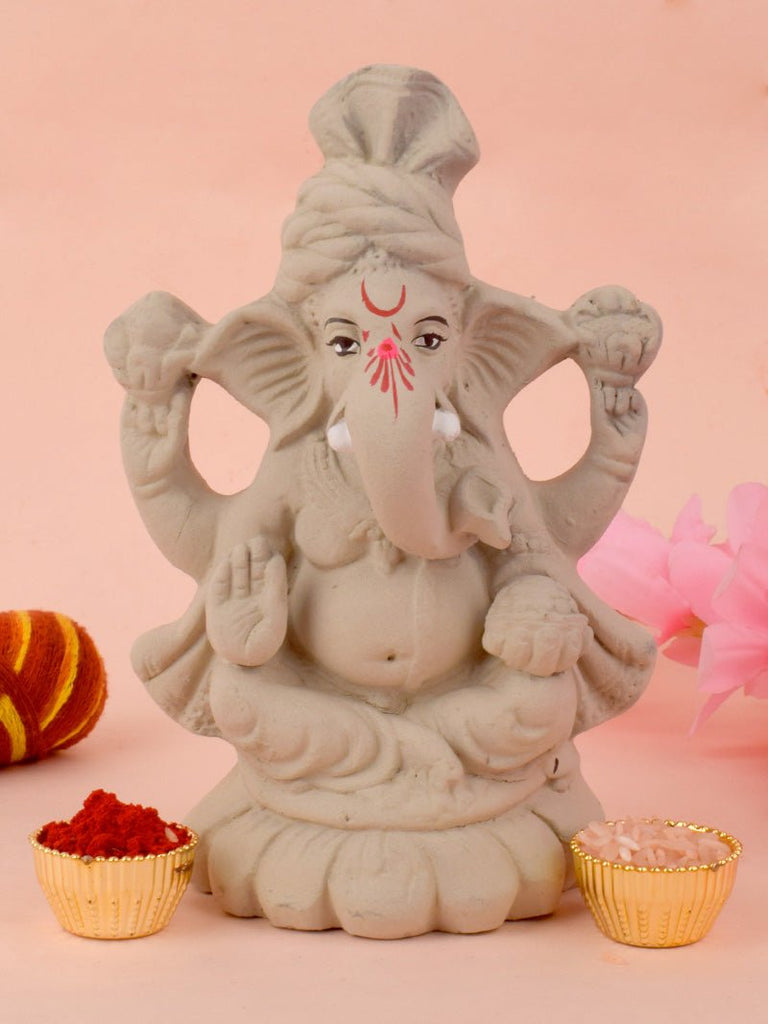 6.3-inch eco-friendly Kamal Ganesha idol seated on a lotus, hand-painted with intricate detailing in traditional style. India’s Largest Pooja Accessories Brand – www.satvikworld.com