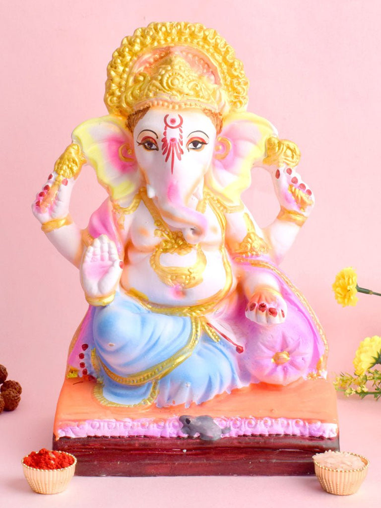 10 Inch eco-friendly Shadu clay Ganesh idol in Sukhasana pose, ideal for Ganesh Chaturthi and spiritual home décor. India’s Largest Pooja Accessories Brand – www.satvikworld.com