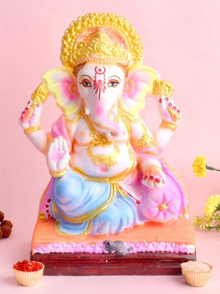 10 Inch eco-friendly Shadu clay Ganesh idol in Sukhasana pose, ideal for Ganesh Chaturthi and spiritual home décor. India’s Largest Pooja Accessories Brand – www.satvikworld.com