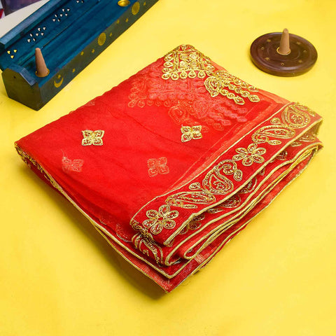 Adorn your pooja altar with this stunning Pink and Gold Mata Chunri, measuring 222 cm x 108 cm. Featuring intricate gold embroidered patterns and a decorative red border, it is perfect for Devi pooja, temple decor, and religious ceremonies during Navratri, Diwali, and other sacred occasions.

Shop now at satvikworld.com for premium Hindu pooja accessories delivered across the USA.