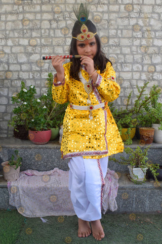 Yellow Krishna Dress – Sequin Embellished Outfit with Silver Border