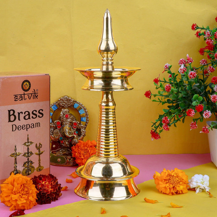 11 Inch Small Brass Kerala Diya AKP NilaVilakku Deepam – Elegant brass diya for pooja ceremonies and spiritual rituals. India’s Largest Pooja Accessories Brand – www.satvikstore.in