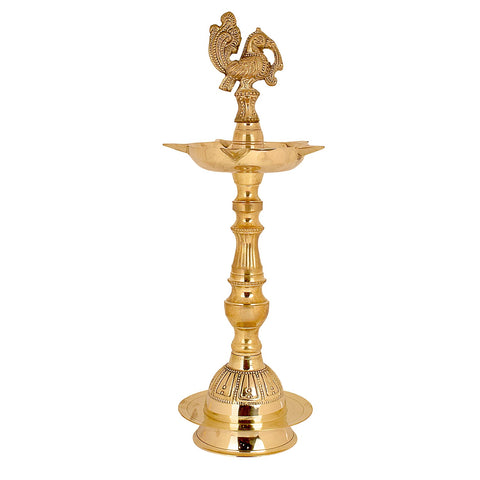 13 Inch Embossed Brass Peacock Kerala Samai Diya – A 13-inch brass diya with an embossed peacock design, perfect for enhancing sacred spaces and spiritual rituals. India’s Largest Pooja Accessories Brand – www.satvikstore.in
