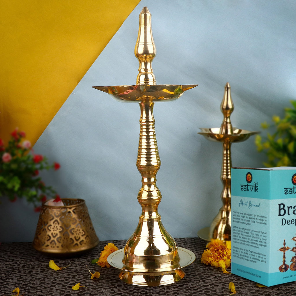 14 Inch Beautiful Brass Kerala Inauguration Diya – Elegant brass diya, perfect for inaugurations, pooja ceremonies, and home decor. India’s Largest Pooja Accessories Brand – www.satvikstore.in

