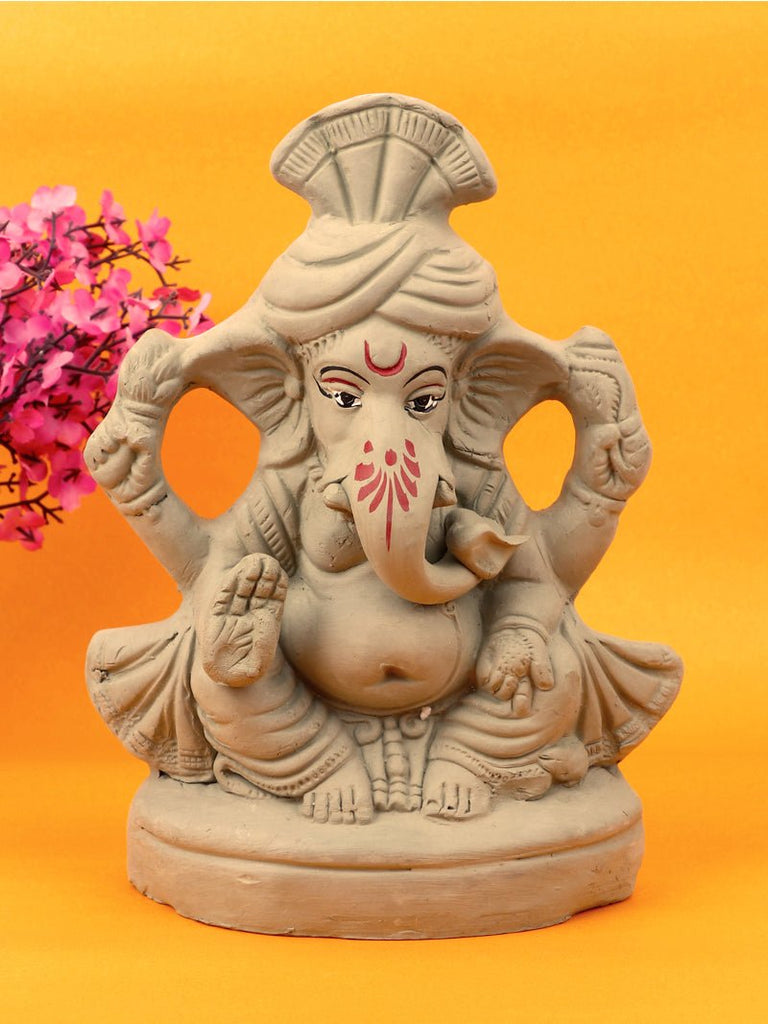 8.6 Inch Aditijaya Eco-Friendly Ganesha Idol crafted from natural clay, depicting Lord Ganpati in a traditional seated pose with elegant detailing and earthy finish. India’s Largest Pooja Accessories Brand – www.satvikworld.com