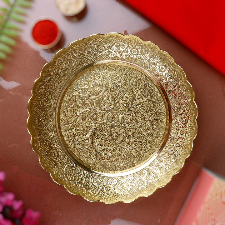 Buy Antique Brass Nakashi Pooja Thali featuring detailed handcrafted design. Perfect for daily worship, festive rituals, and temple decor. A timeless addition to your spiritual space - Satvikworld.com
