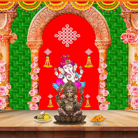 Backdrop Cloth Ganesh &  Banana Leaf Design | India’s Largest Pooja Accessories Brand – www.satvikworld.com