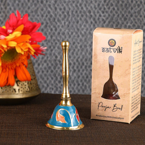 Beautifully designed floral brass pooja bell/ghanti with intricate embossed flower patterns, perfect for temple rituals, daily prayers, and festive worship. India’s Largest Pooja Accessories Brand – www.satvikworld.com