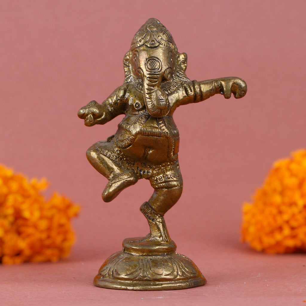 Brass Dancing Ganesh idol showcasing Lord Ganesha in an elegant dance pose, with intricate detailing and vibrant finish, symbolizing joy, prosperity, and the removal of obstacles. Perfect for spiritual décor or as a symbol of celebration and good fortune. India’s Largest Pooja Accessories Brand- www.satvikworld.com