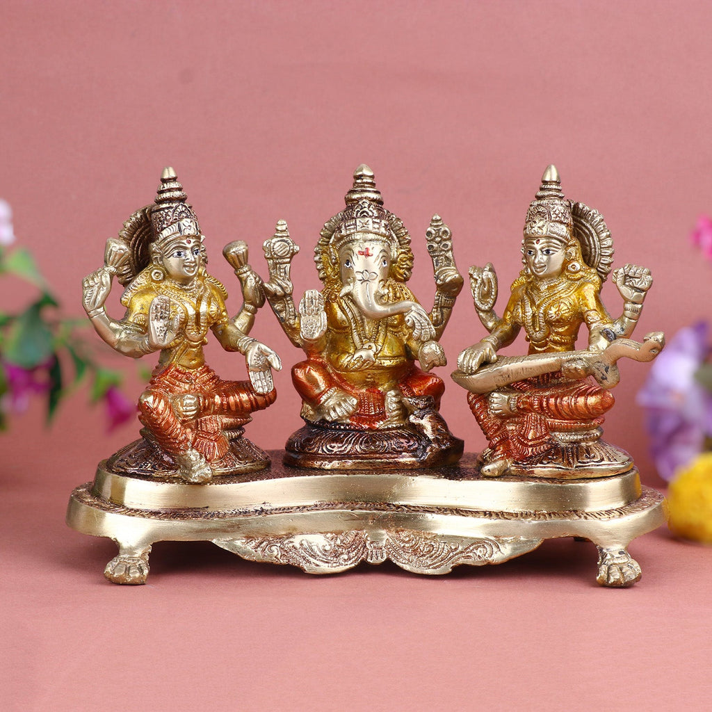 Brass Lakshmi Ganesh with Sarasvati Idol intricately crafted to symbolize wisdom, wealth, and prosperity, ideal for Diwali celebrations, home mandirs, and spiritual gifting. India’s Largest Pooja Accessories Brand – www.satvikworld.com