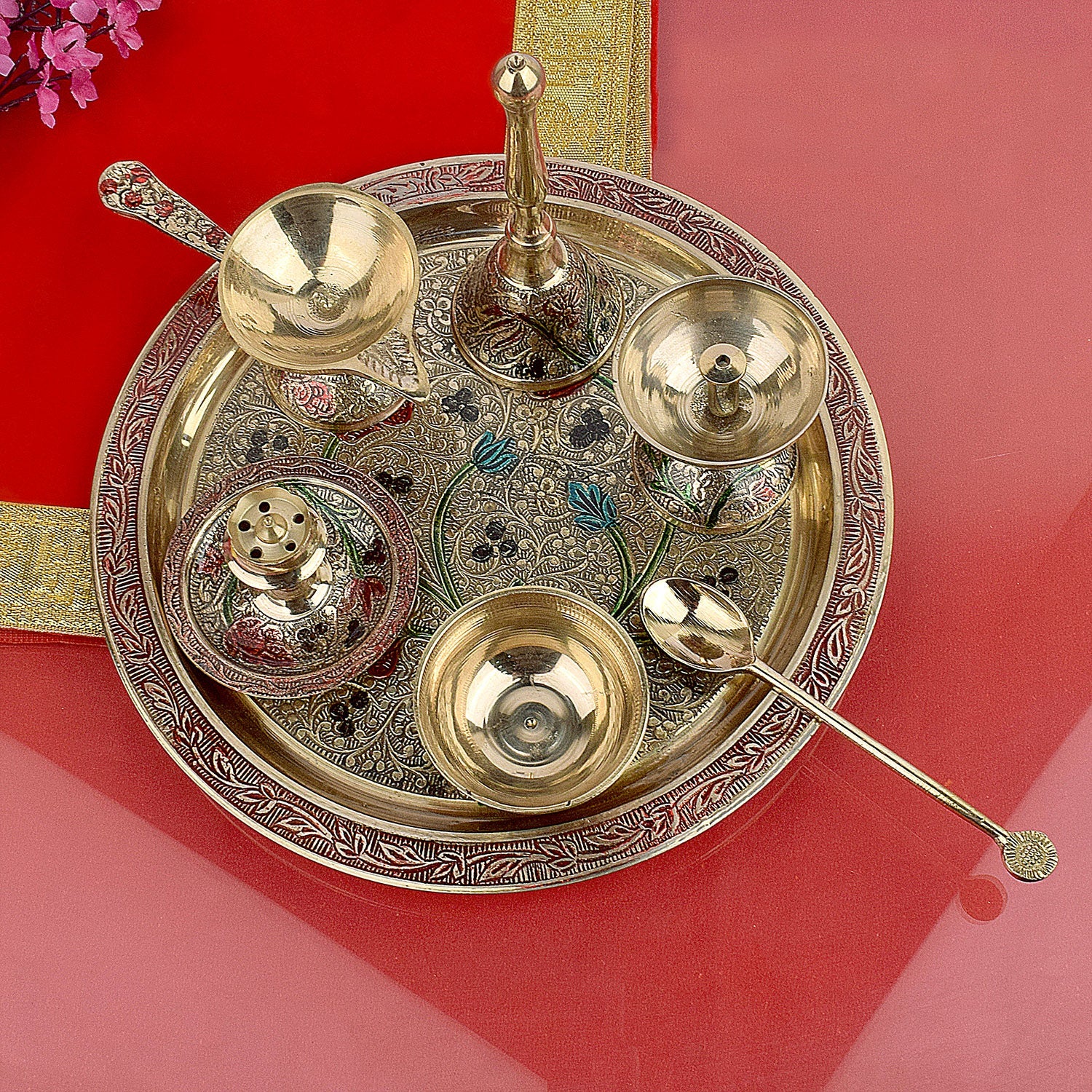 Buy 7 Pc Brass Puja Thali Set with Premium Velvet Box