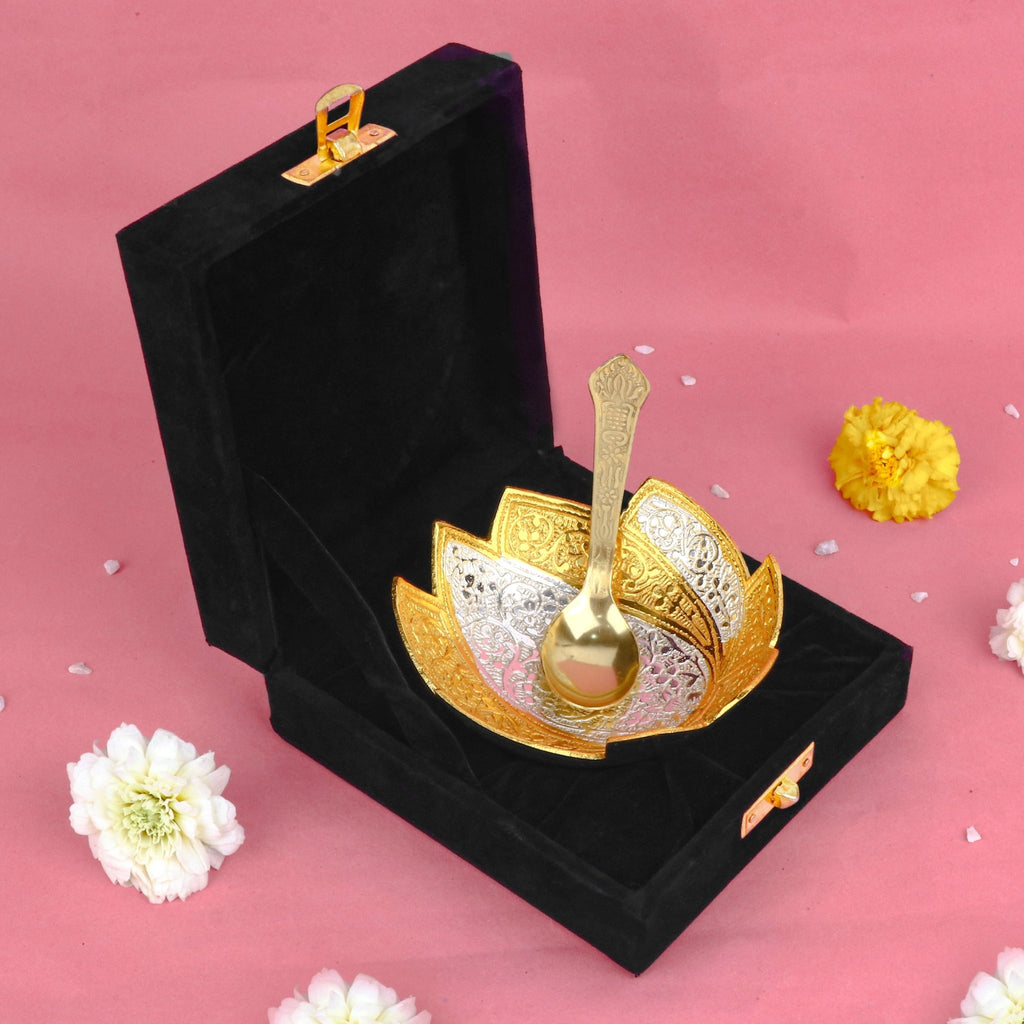 Decorative embossed silver and golden lotus bowl with intricate floral design, ideal for festive decor or gifting. India’s Largest Pooja Accessories Brand – www.satvikworld.com