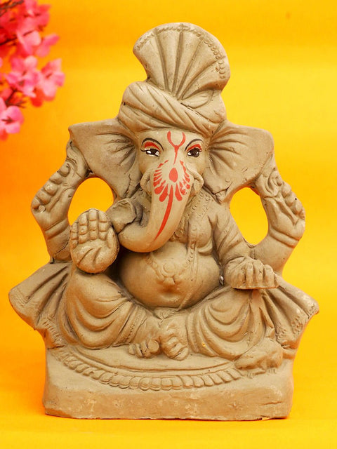 6.4-inch Eco-Friendly Ganesha Idol with Traditional Pagdi, seated peacefully in a classic pose, crafted from natural clay for eco-conscious celebrations. India’s Largest Pooja Accessories Brand – www.satvikworld.com