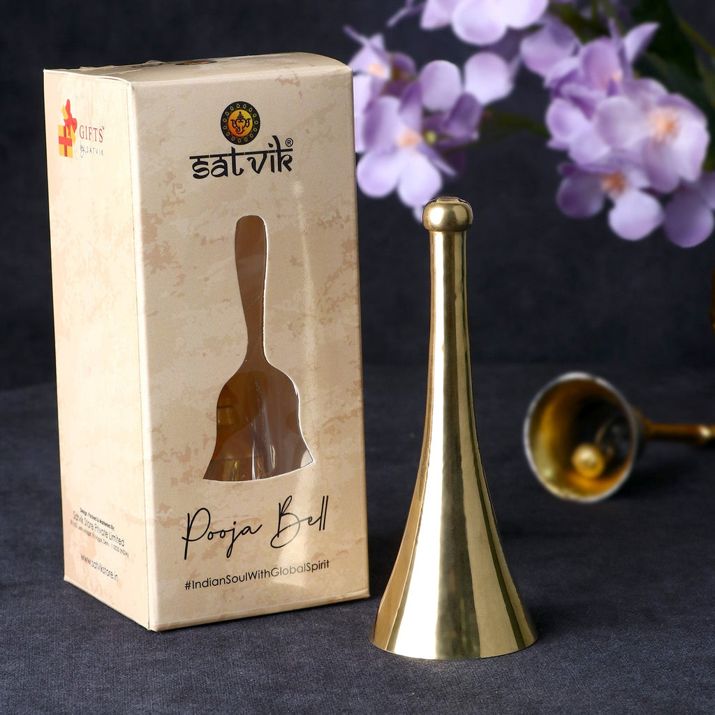 Exquisite brass cone-shaped pooja bell with detailed craftsmanship, ideal for temple rituals, daily worship, and devotional aarti ceremonies. India’s Largest Pooja Accessories Brand – www.satvikworld.com