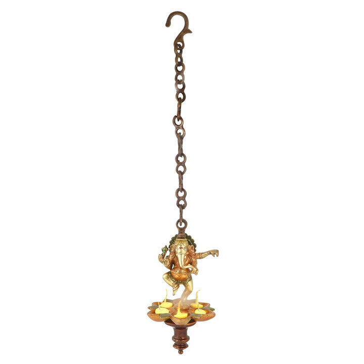 Dancing Ganesha Panchmukhi Hanging Diya – Exquisite Brass Diya Featuring Lord Ganesha in a Dancing Pose with Five Faces (Panchmukhi), Symbolizing Wisdom, Prosperity, and Auspicious Beginnings, Perfect for Temple, Home Decor, and Spiritual Worship, Handcrafted with Intricate Detailing for a Sacred Glow, Ideal for Pooja, Diwali, and Mandir Decoration, Buy Hanging Ganesha Diya Online, Affordable God Statue Prices | India’s Largest Pooja Accessories Brand – www.satvikworld.com