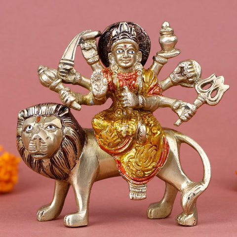 Eye-catching Maa Durga brass idol, beautifully crafted to depict the powerful and graceful form of the goddess seated on a lion, symbolizing strength, protection, and divine energy. Ideal for home temples, festive décor, or spiritual gifting. India’s Largest Pooja Accessories Brand – www.satvikworld.com