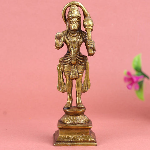 Brass standing Hanuman idol, intricately crafted to depict Lord Hanuman in a powerful and divine posture, symbolizing strength, courage, and protection. Ideal for worship, home décor, or as a spiritual centerpiece. India’s Largest Pooja Accessories Brand – www.satvikworld.com