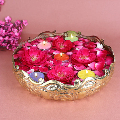 Elegant Floral Desing Embossed Brass Urli For Decor