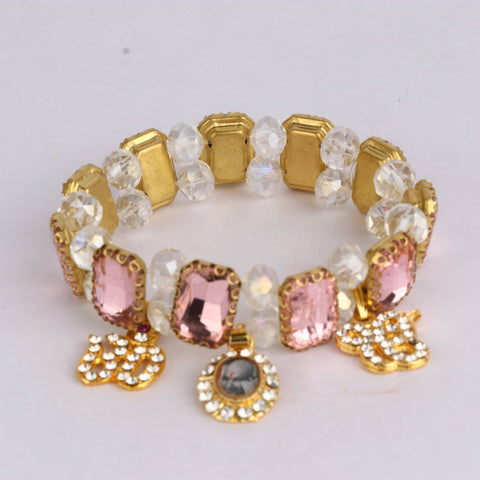 Pink Round And Square Pearl Bracelet with Jai Guruji Swaroop Handmade Bracelets