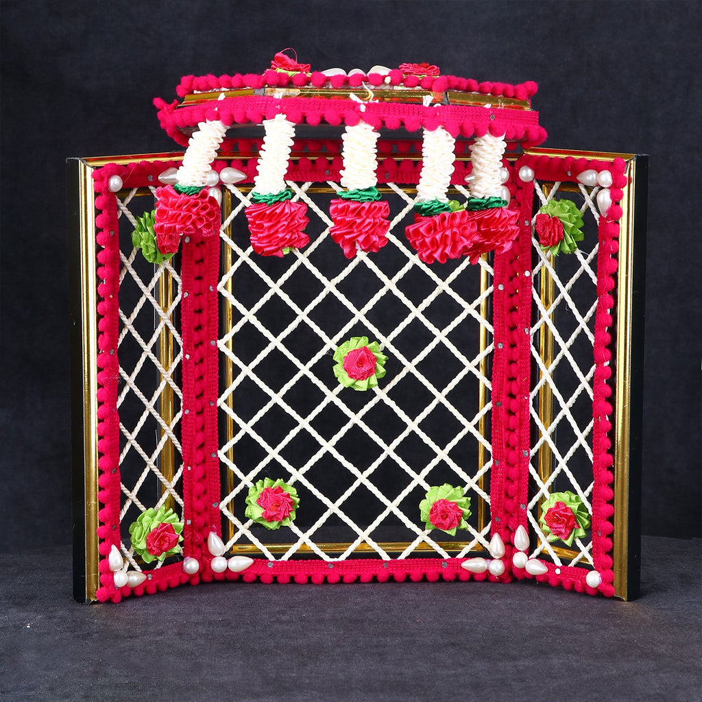 8 Inch Incredible Pink Ganesha Phool Bangla adorned with soft artificial flowers, perfect for Ganpati mandap and pooja setup. India’s Largest Pooja Accessories Brand – www.satvikworld.com