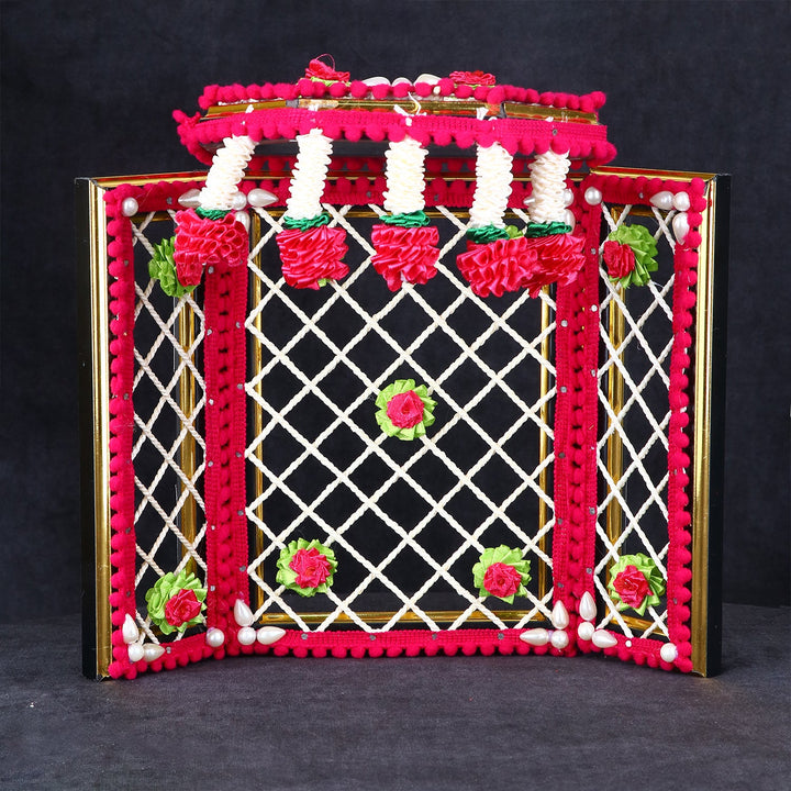 8 Inch Incredible Pink Ganesha Phool Bangla adorned with soft artificial flowers, perfect for Ganpati mandap and pooja setup. India’s Largest Pooja Accessories Brand – www.satvikworld.com