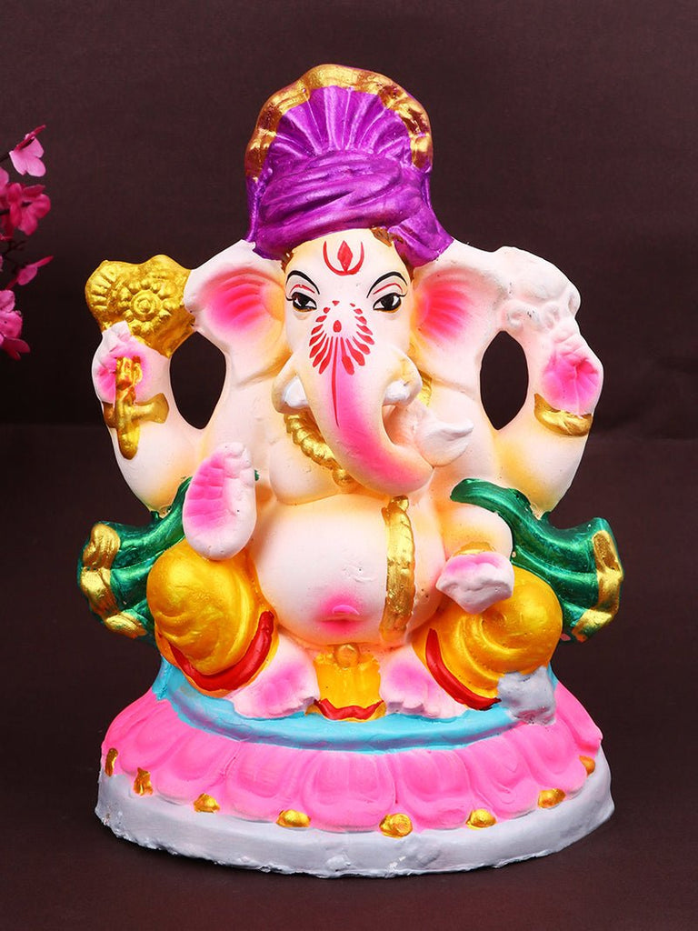 8-inch Kshipra eco-friendly Ganesha idol made from shadu clay, seated in traditional pose with natural colors, perfect for Ganesh Chaturthi celebrations. India’s Largest Pooja Accessories Brand – www.satvikworld.com