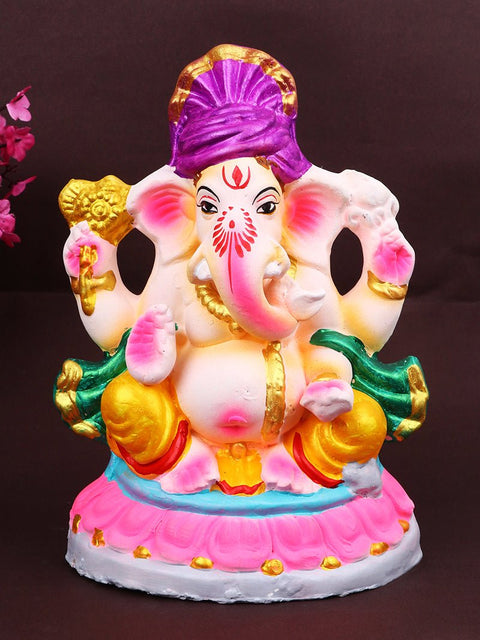 8-inch Kshipra eco-friendly Ganesha idol made from shadu clay, seated in traditional pose with natural colors, perfect for Ganesh Chaturthi celebrations. India’s Largest Pooja Accessories Brand – www.satvikworld.com