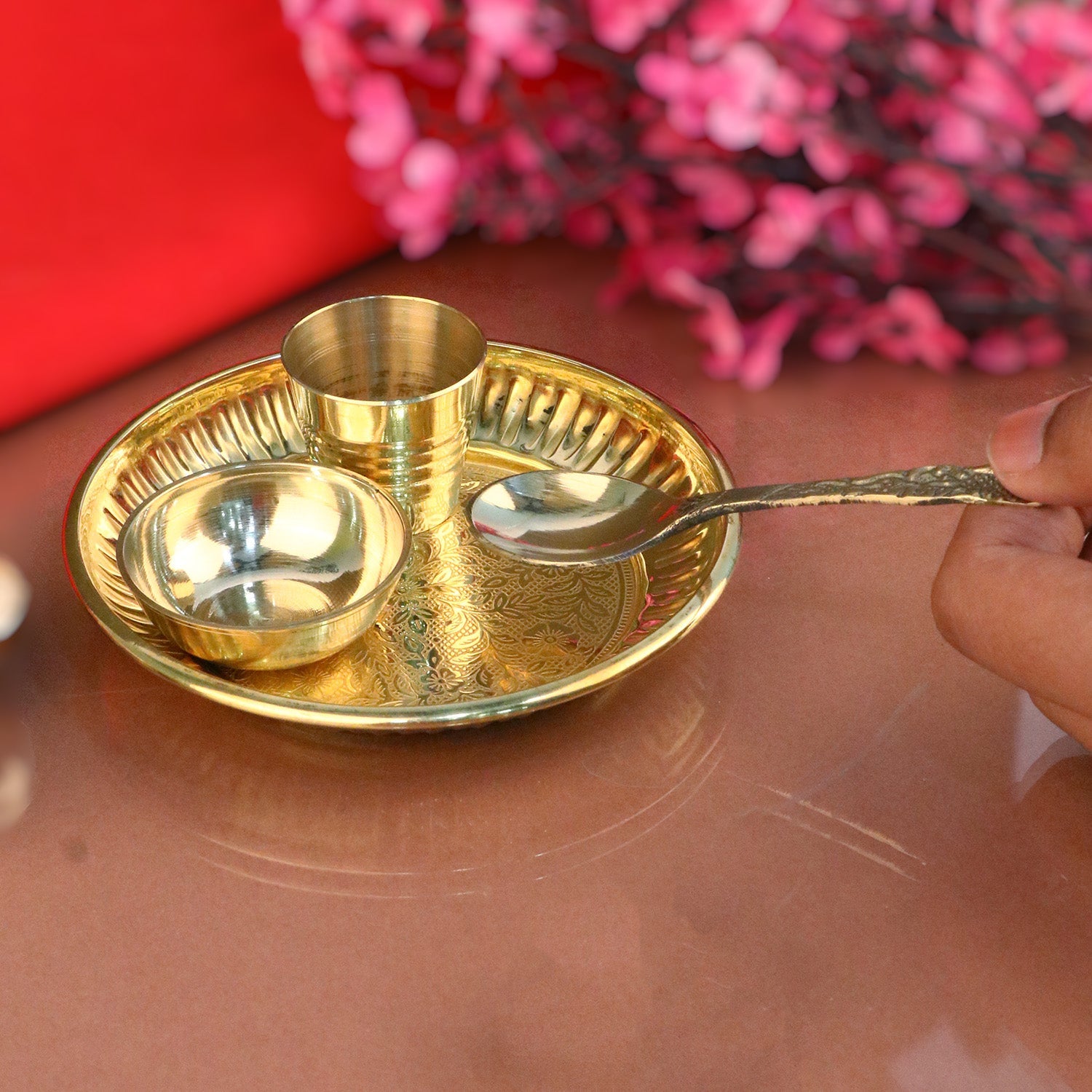 Traditional Laddu Gopal Pooja Bhog Thali Set measuring 4.5 inches, featuring miniature brass utensils arranged for deity offerings. India’s Largest Pooja Accessories Brand – www.satvikworld.com