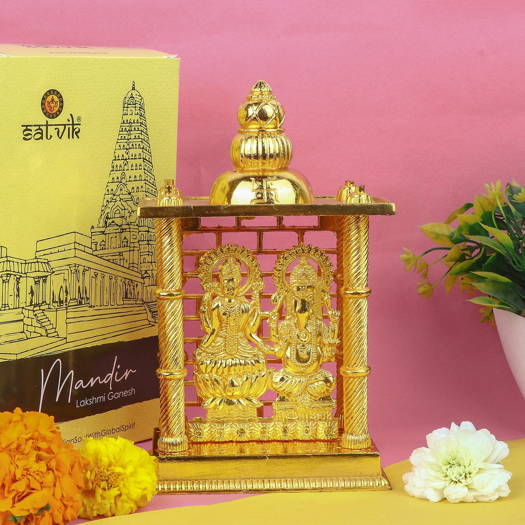 Traditional Lakshmi Ganesha Mandir idol set in brass, perfect for home temple and festive worship. India’s Largest Pooja Accessories Brand – www.satvikworld.com