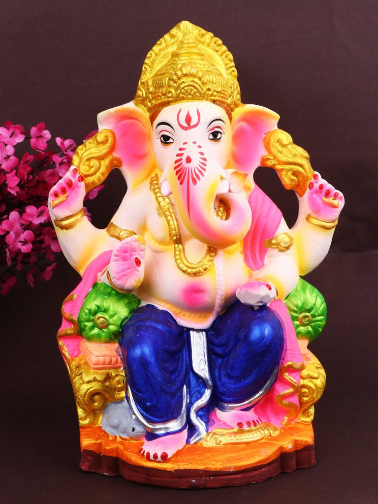 10 Inch Lal Bagh Ka Raja Ganesha idol in Raja sitting pose made with eco-friendly Shadu clay, perfect for Ganesh Chaturthi. India’s Largest Pooja Accessories Brand – www.satvikworld.com