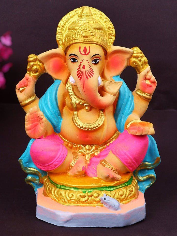 8.2-inch Muktidaya Ganesha idol made of eco-friendly Shadu clay, hand-painted and perfect for Ganesh Chaturthi. India’s Largest Pooja Accessories Brand – www.satvikworld.com