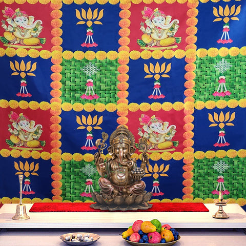Multicolor Backdrop Cloth with Ganesh and Floral Print – Ideal for vibrant pooja and festive decor. India’s Largest Pooja Accessories Brand – www.satvikworld.com