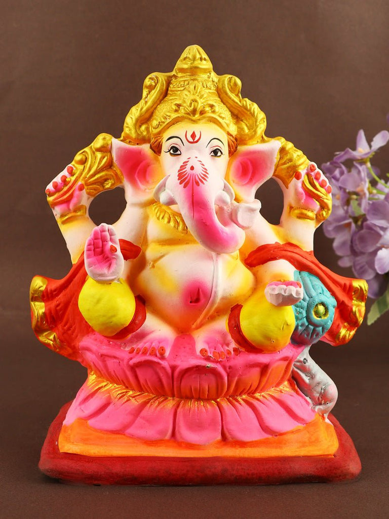 8.5 Inch Skandapurvaja Eco-Friendly Ganesha idol with traditional pagdi, handcrafted from Shadu clay and painted in vibrant eco-safe colors. India’s Largest Pooja Accessories Brand – www.satvikworld.com