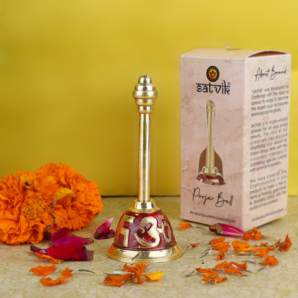 Vibrant Red Om Swastik Brass Puja Bell with traditional engravings, perfect for temple rituals and daily worship. India’s Largest Pooja Accessories Brand – www.satvikworld.com