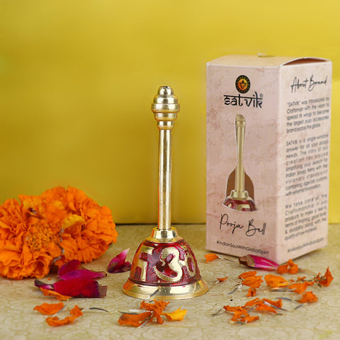Vibrant Red Om Swastik Brass Puja Bell with traditional engravings, perfect for temple rituals and daily worship. India’s Largest Pooja Accessories Brand – www.satvikworld.com