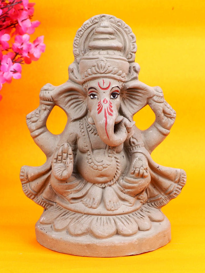 6.2 Inch Vighanaraj Eco-Friendly Ganesha Idol made from natural clay, seated gracefully with detailed crown and ornaments, ideal for Ganesh Chaturthi. India’s Largest Pooja Accessories Brand – www.satvikworld.com