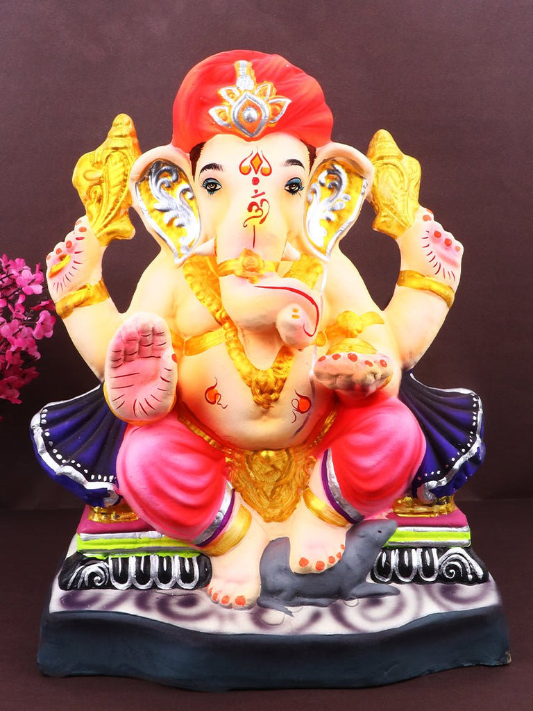 12.5 Inch Vishwaraja Eco-Friendly Ganesha Idol seated with Mooshika Vahana, crafted from Shadu clay with detailed traditional features. 
