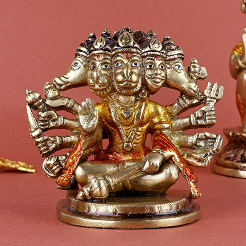 Stylistic brass Panchmukhi Hanuman idol, intricately designed to depict Lord Hanuman with five faces, symbolizing strength, devotion, and protection. Ideal for pooja rooms, home temples, or as a powerful spiritual gift for blessings and courage. India’s Largest Pooja Accessories Brand – www.satvikworld.com