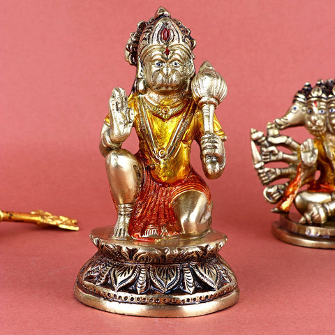 Brass sitting Hanuman Ji idol, intricately designed to depict Lord Hanuman in a seated posture, symbolizing strength, devotion, and protection. Ideal for pooja rooms, spiritual spaces, or as a gift for blessings and courage. India’s Largest Pooja Accessories Brand – www.satvikworld.com
