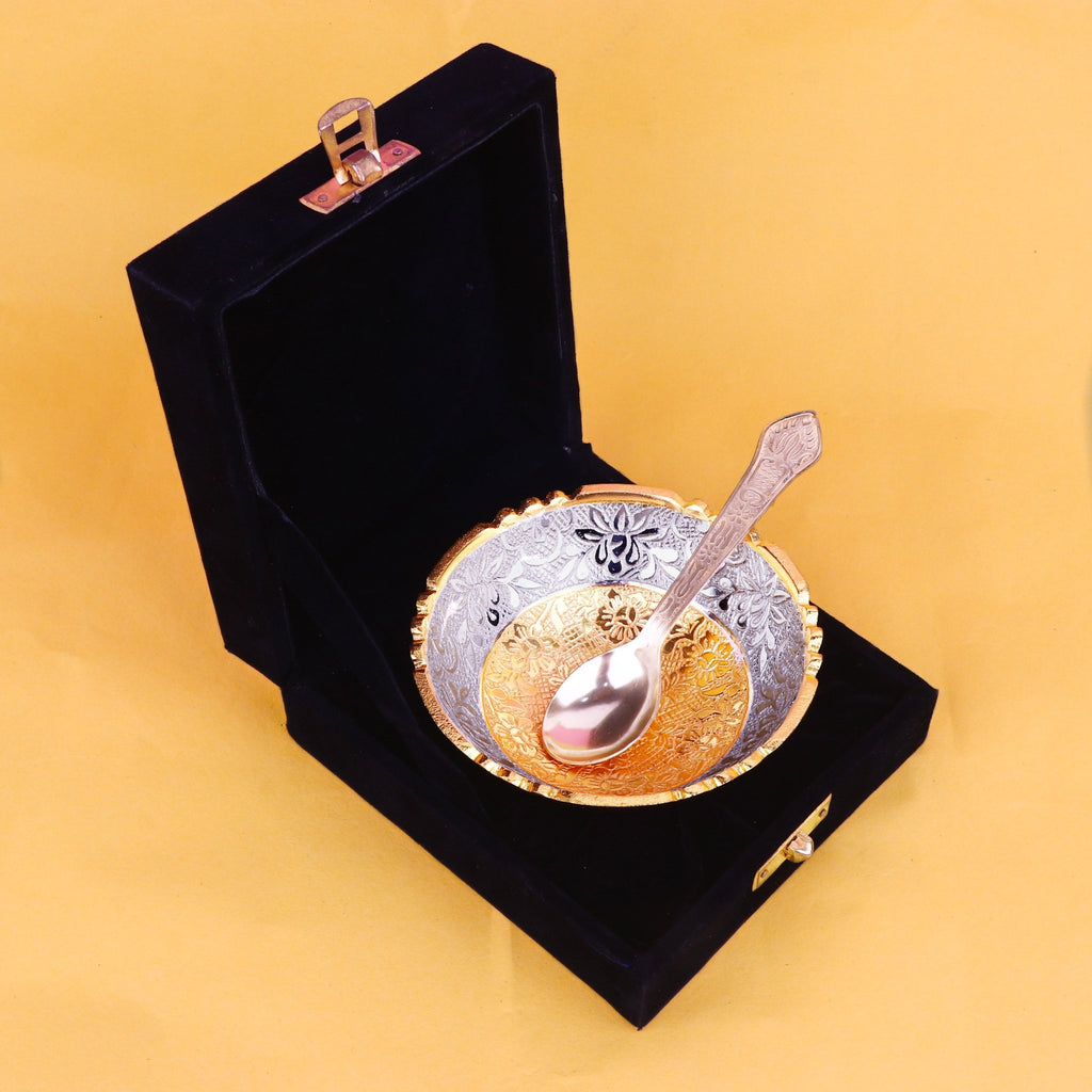Decorative embossed golden base bowl with intricate floral patterns, ideal for festive decor and pooja ceremonies. India’s Largest Pooja Accessories Brand – www.satvikworld.com