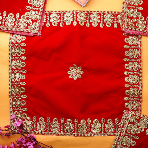 Pretty red velvet puja aasan set of 4, 36.5 x 36.5 cm soft mats for idol seating during pooja. India’s Largest Pooja Accessories Brand – www.satvikworld.com

