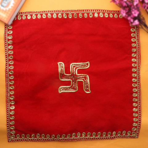 Swastik red velvet puja aasan set of 4, 38 x 38 cm with sacred Swastik design for pooja rituals. India’s Largest Pooja Accessories Brand – www.satvikworld.com